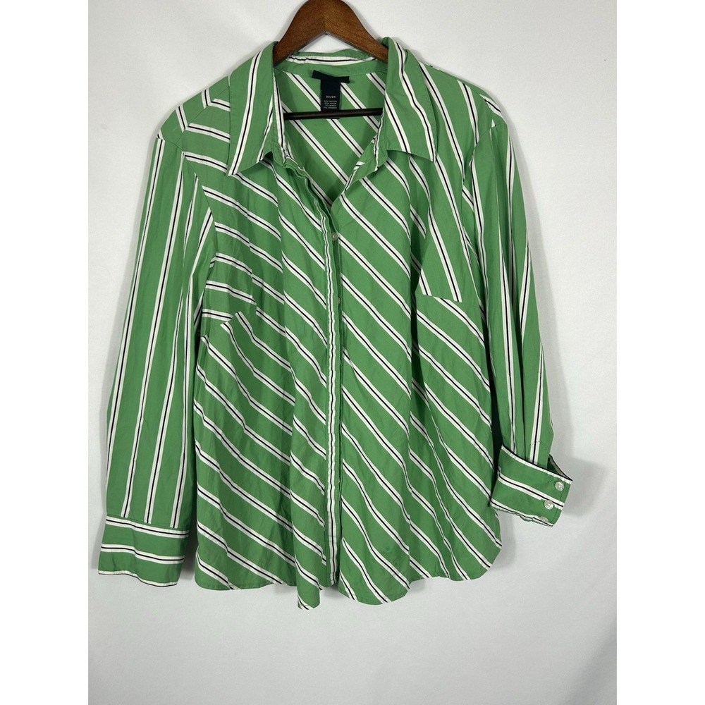 Lane Bryant Green Geo‎ Striped Button Up Top Size 3X Lightweight Roll Tab Sleeve